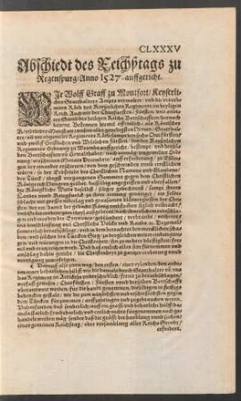 Abschiedt des Reichßtags zu Regenspurg/ Anno 1527. auffgericht.