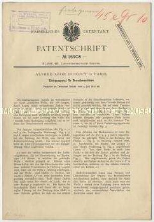 Patentschrift eines Einlegeapparates für Dreschmaschinen, Patent-Nr. 16908