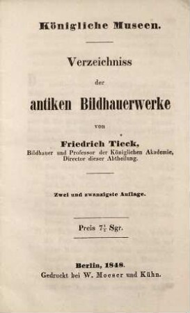 Königliche Museen : Verzeichniss der antiken Bildhauerwerke