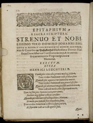 Epitaphium Esacrascriptura, Strenuo Et Noblissimo Viro Domino Johanni Philippo A Busseck Cogniminato Münch, [...]