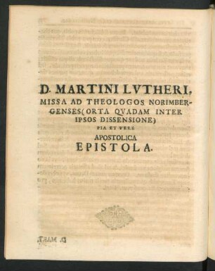 D. Martini Lutheri, ... Apostolica Epistola