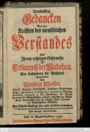 Vernünfftige Gedancken Von den Kräfften des menschlichen Verstandes Und Jhrem richtigen Gebrauche Jn Erkäntniß der Wahrheit
