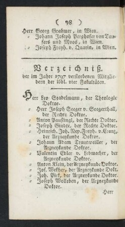 Verzeichniß. der im Jahre 1797 verstorbenen Mitgliedern der löbl. vier Fakultäten