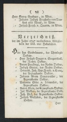 Verzeichniß. der im Jahre 1797 verstorbenen Mitgliedern der löbl. vier Fakultäten