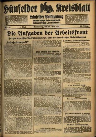 Erste Ausgabe vom Donnerstag, den 25. Mai 1933.