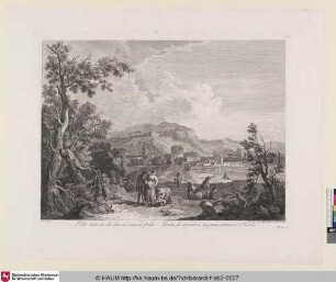 Talor men sa chi piu ne cerca il fondo, Perche de inganni e un gran commercio il Mondo [Berglandschaft mit Dorf am Ufer eines Gewässers, im Vordergrund Menschen bei der Arbeit]