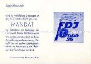 Mandat für den Fackelzug der FDJ zum 25. Jahrestag der DDR (blanko)