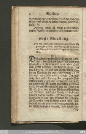 Erste Abtheilung. Von der innerlichen übernatürlichen Kraft des göttlichen Worts, und den daraus entstehenden übernatürlichen Wirkungen bei den Menschen.