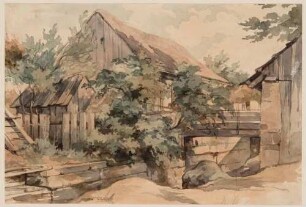 Sächsische Dorfhäuser an einem eingedämmten Bach