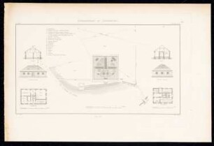 Strafanstalt, Insterburg: Bl. 8: Situationsplan der Anstalt; Waschhaus I: Grundrisse, Aufriss, Profil; Backhaus M: Grundrisse, Aufrisse, Querschnitte (aus: Bauausführungen des preußischen Staats, Bd. 2)