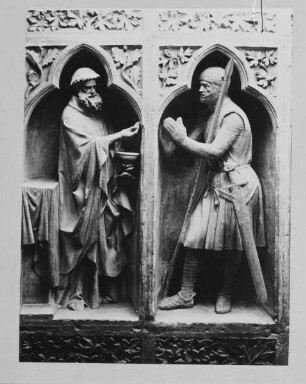 Mittleres Westportal — nördliche Rahmung, 1. Zone: Melchisedek und Abraham (Kommunion eines Ritters)