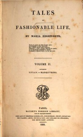 Tales of fashionable life. 2, Vivian, Manoeuvring