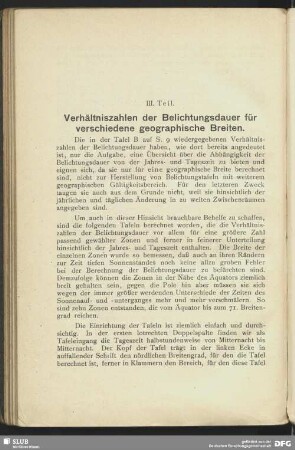 III. Teil - Verhältniszahlen der Belichtungsdauer für verschiedene geographische Breiten