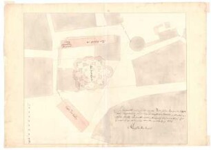 Dresden, Frauenkirche. Lageplan, Kopie des Approbationsrisses : Dresden, Frauenkirche. Lageplan mit Grundriss des Gruftgeschosses, George Bähr. Kopie des Approbationsrisses von 1726, unbekannter Zeichner, 2. V. 18. Jh. Feder, Pinsel in Wasserfarbe/Zeichenpapier. 50,8 x 71,5 cm. Bez.: "In Conformitaet meiner, auf des abgelebten Stadt Syndici Behrischens den 1.ten Aprilis 1726. unterschriebenes der Frauen=Kirchen Bau betreffendes Memorial am 6ten May a. c. ertheilten Schrifftl. Antwortt enthaltene Erklährung Confirmire diesen Riß zu erbauung der Frauen=Kirche. Dreßden an 26:ten Juny 1726. Graff von Wackerbarth". Maßstab mit Maße Original des Approbationsrisses im Stadtarchiv Dresden, Sign.: R 18/40.