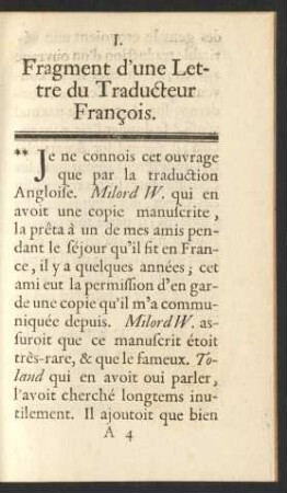 I. Fragment d'une Lettre du Traducteur François.