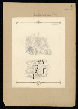 Landhaus an einem Felsen Monatskonkurrenz April 1836: Grundriss Erdgeschoss mit Gartenplan, perspektivische Ansicht; Maßstabsleiste
