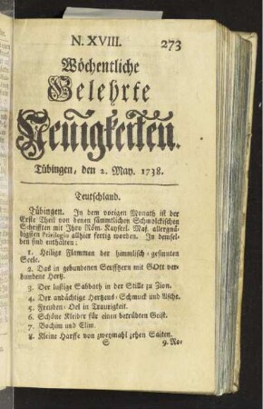 N. XVIII. Tübingen, den 2. May. 1738