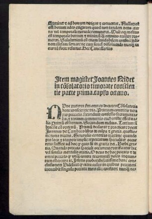 Item magister Ioannes Nider in consolatorio timorate conscientie ....