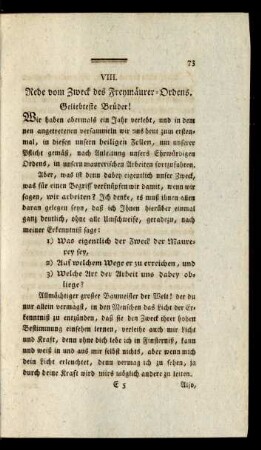 VIII. Rede vom Zweck des Freymäurer-Ordens