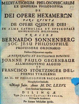 Meditationum Philosophicarum Ex Universa Philosophia De Dei Opere Hexamerōn Pars ..., 5. De Opere Quintae Diei