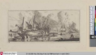 [Zwei zum Kalfatern des Rumpfs kielgeholte Schiffe; Two Ships Careened for Caulking the Hulls]
