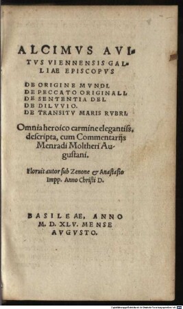 Alcimvs Avitvs Viennensis Galliae Episcopvs De Origine Mvndi