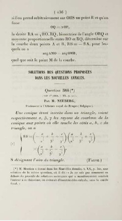 Solution de questions proposées dans les nouvelles annales.