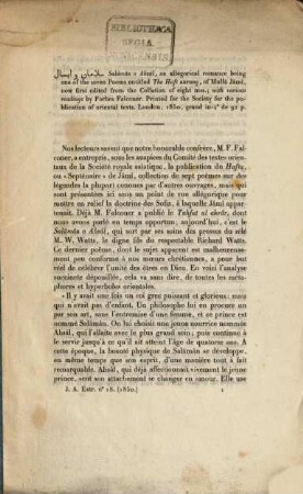  Salâmân o Absâl, an allegorical romance being one of the seven Poems entitled The Haft aurang, of Mullâ Jâmî Dschami, now first edited ... by Forbes Falconer : London 1850 ?? 92 S. (Recausion) (Journ. as. Extr. no 18, 1850)