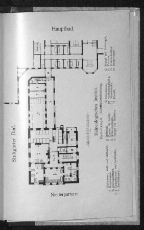 Stuttgarter Bad. Niederparterre. Balneologisches Institut. Hydrotherapie. Lichtbäderabteilung. Grundriss