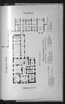 Stuttgarter Bad. Niederparterre. Balneologisches Institut. Hydrotherapie. Lichtbäderabteilung. Grundriss