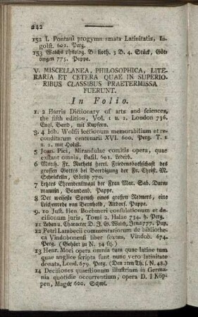 V. Miscellanea, Philosophica, Literaria Et Cetera Quae In Superioribus Classibus Praetermissa Fuerunt.
