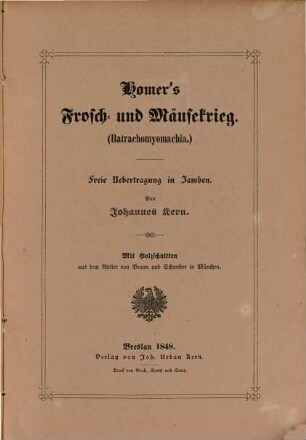 Homer's Frosch- und Mäusekrieg : Batrachomyomachia : mit Holzschnitten