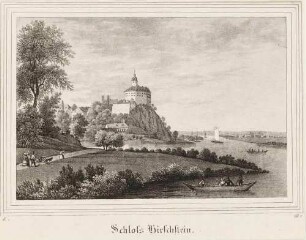 Das Schloss Hirschstein am linken Elbufer zwischen Meißen und Riesa von Süden, aus der Zeitschrift Saxonia ?