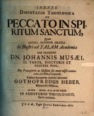 Disputatio Theologica De Peccato In Spiritum Sanctum