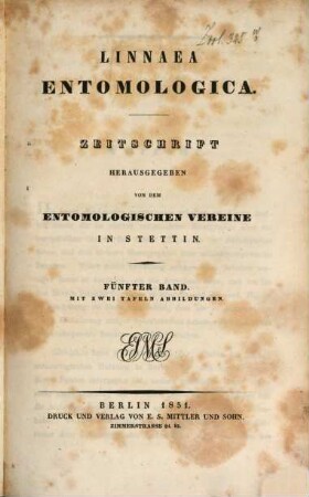 Linnaea entomologica : Zeitschrift. 5. 1851