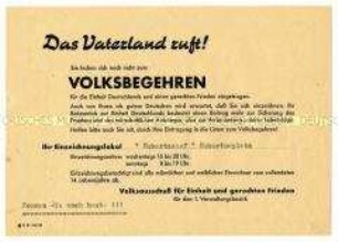 Aufruf zur Einzeichnung in die Listen des Volksbegehrens für Einheit und gerechten Frieden
