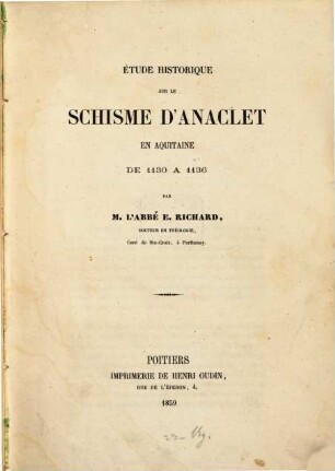Étude historique sur le schisme d'Anaclet : En Aquitaine de 1130 à 1136