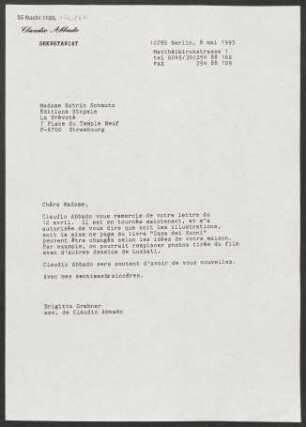 Brief an Katrin Schmutz an Editions Stopele, 08.05.1995