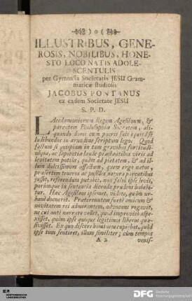 Illustribus, Generosis, Nobilibus, Honesto Loco Natis Adolescentulis per Gymnasia Societatis JESU Grammaticæ...