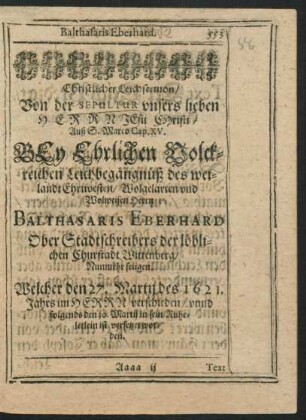 Christlicher Leichsermon ... Herrn Balthasaris Eberhard ...