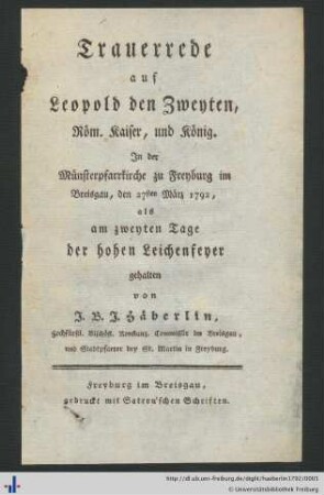 Trauerrede auf Leopold den Zweyten, Röm. Kaiser, und König