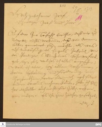 Brief von August Hermann Francke an Heinrich II. v. Reuß-Obergreiz.