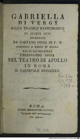 Gabriella di Vergy : ballo tragico pantomimico in cinque atti