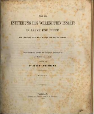 Über die Entstehung des vollendeten Insekts in Larve und Puppe : ein Beitrag zur Metamorphose der Insekten