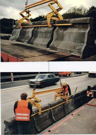 Baustelle von km 537,1 - 542 Betongleitwand, Abladen und Aufbau der Betongleitwand.