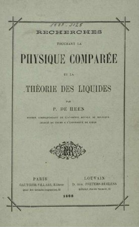 Recherches touchant la physique comparée et la théorie des liquides