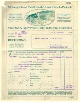Brief - Rechnung von Moriz & Kummer Fabrik an Firma Heinrich Trotzki, Genthin - Brandenburgerstr. 35