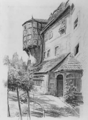 Mein Eltern- und Geburtshaus, Meißen : Jahn, Georg (1869-1941). Mein Eltern- und Geburtshaus, Meißen. Kupferstich; 45,0 x 33,0 cm, 1917. Dresden: Kupferstich-Kabinett C 1963-1632