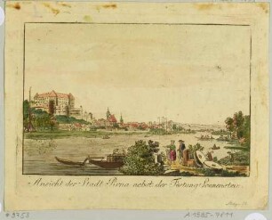 Stadtansicht von Pirna mit der Marienkirche und dem Sonnenstein, Blick über die Elbe aus nordöstlicher Richtung