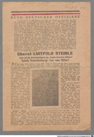 Totale Entscheidung: Los von Hitler! : Rede auf der Gründungstagung des "Bundes Deutscher Offiziere"